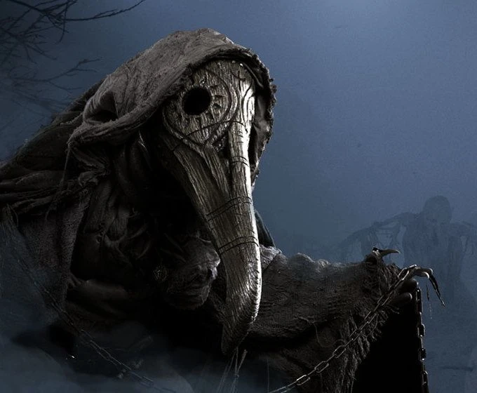Dalf Elf Gáttaþefur emerges from dark misty winter shadows, wearing a long wooden hollow eyed pointed beak mask and a heavy hooded cape.